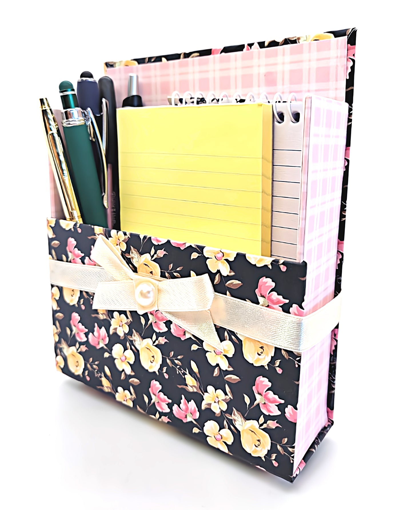 42-Pc Stationery Gift Box Set w/Reusable Desktop Organizer Box and Gold Pen - Black, Pink & Yellow Roses - Chic Brico