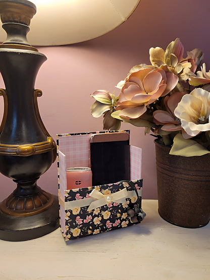 42-Pc Stationery Gift Box Set w/Reusable Desktop Organizer Box and Gold Pen - Black, Pink & Yellow Roses - Chic Brico