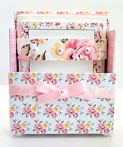 42-Pc Stationery Gift Box Set w/Reusable Desktop Organizer Box and Gold Pen - Pink & Yellow Posies - Chic Brico