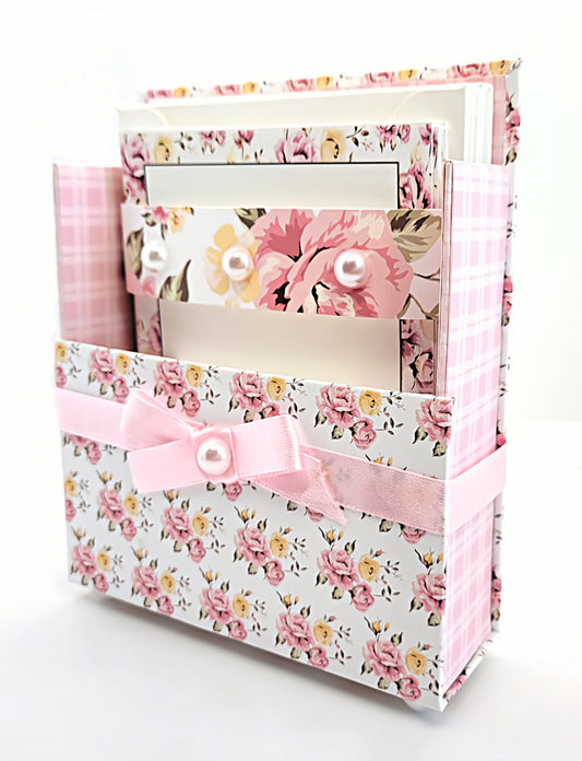42-Pc Stationery Gift Box Set w/Reusable Desktop Organizer Box and Gold Pen - Pink & Yellow Posies - Chic Brico