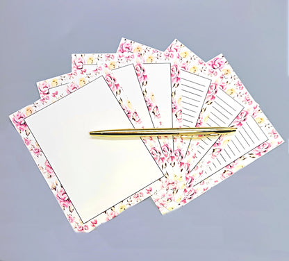 42-Pc Stationery Gift Box Set w/Reusable Desktop Organizer Box and Gold Pen - Pink & Yellow Posies - Chic Brico