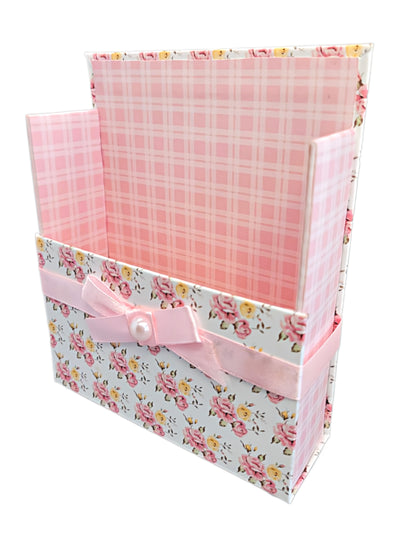 42-Pc Stationery Gift Box Set w/Reusable Desktop Organizer Box and Gold Pen - Pink & Yellow Posies - Chic Brico