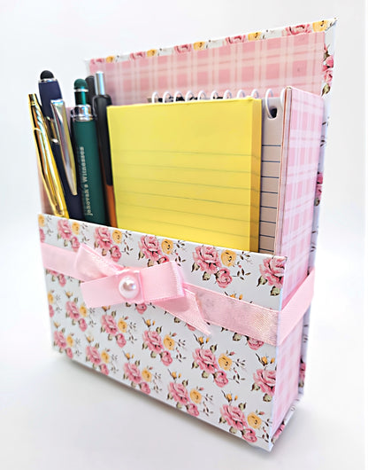 42-Pc Stationery Gift Box Set w/Reusable Desktop Organizer Box and Gold Pen - Pink & Yellow Posies - Chic Brico