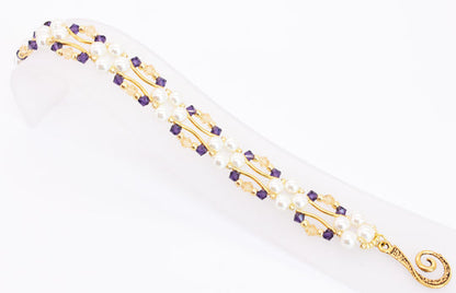 Purple Amethyst and Gold Crystal and Pearl Hex Block Link Bracelet - Chic Brico