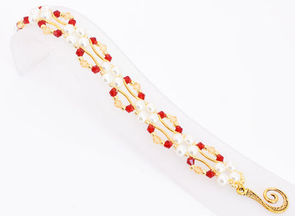 Siam Red and Gold Crystal and Pearl Hex Block Link Bracelet - Chic Brico