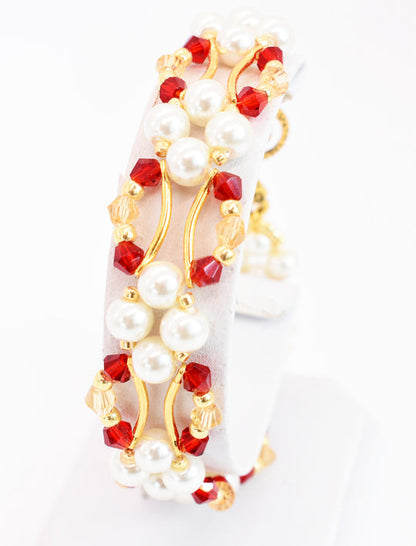 Siam Red and Gold Crystal and Pearl Hex Block Link Bracelet - Chic Brico