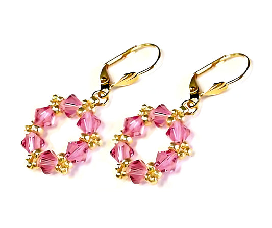 Birthstone Colors Hoop Earrings made with Swarovski Crystals, Rose Pink - Chic Brico