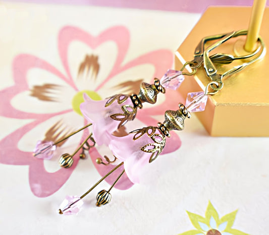 Vintage Victorian Style Rosy Pink and Antique Bronze Bell Flower Lucite Earrings - Chic Brico