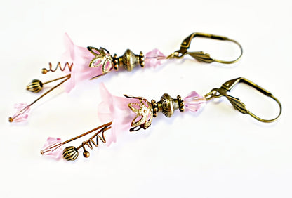 Vintage Victorian Style Rosy Pink and Antique Bronze Bell Flower Lucite Earrings - Chic Brico
