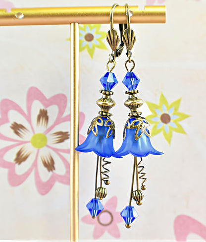 Vintage Victorian Style Royal Blue and Antique Bronze Bell Flower Lucite Earrings - Chic Brico