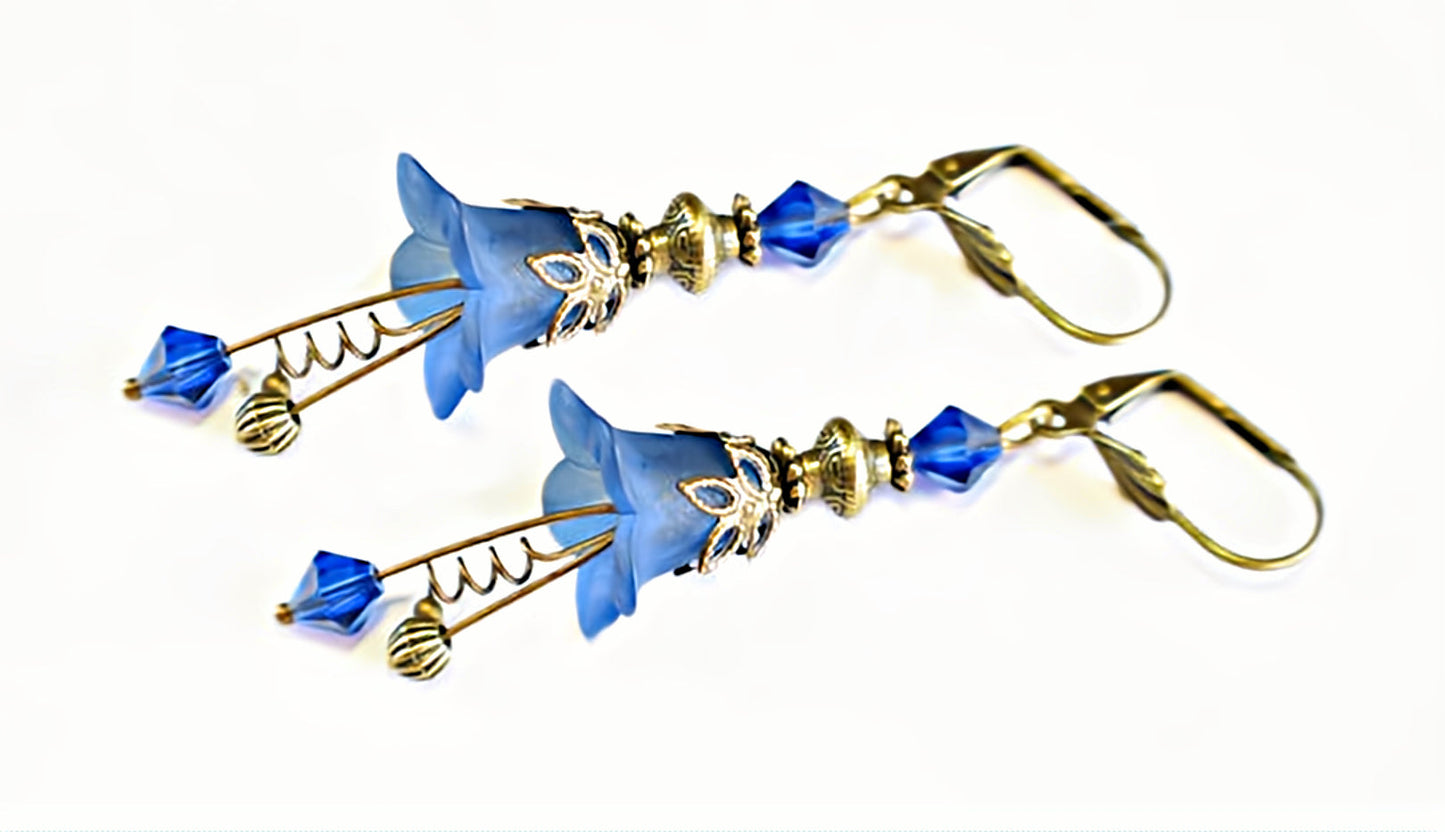 Vintage Victorian Style Royal Blue and Antique Bronze Bell Flower Lucite Earrings - Chic Brico