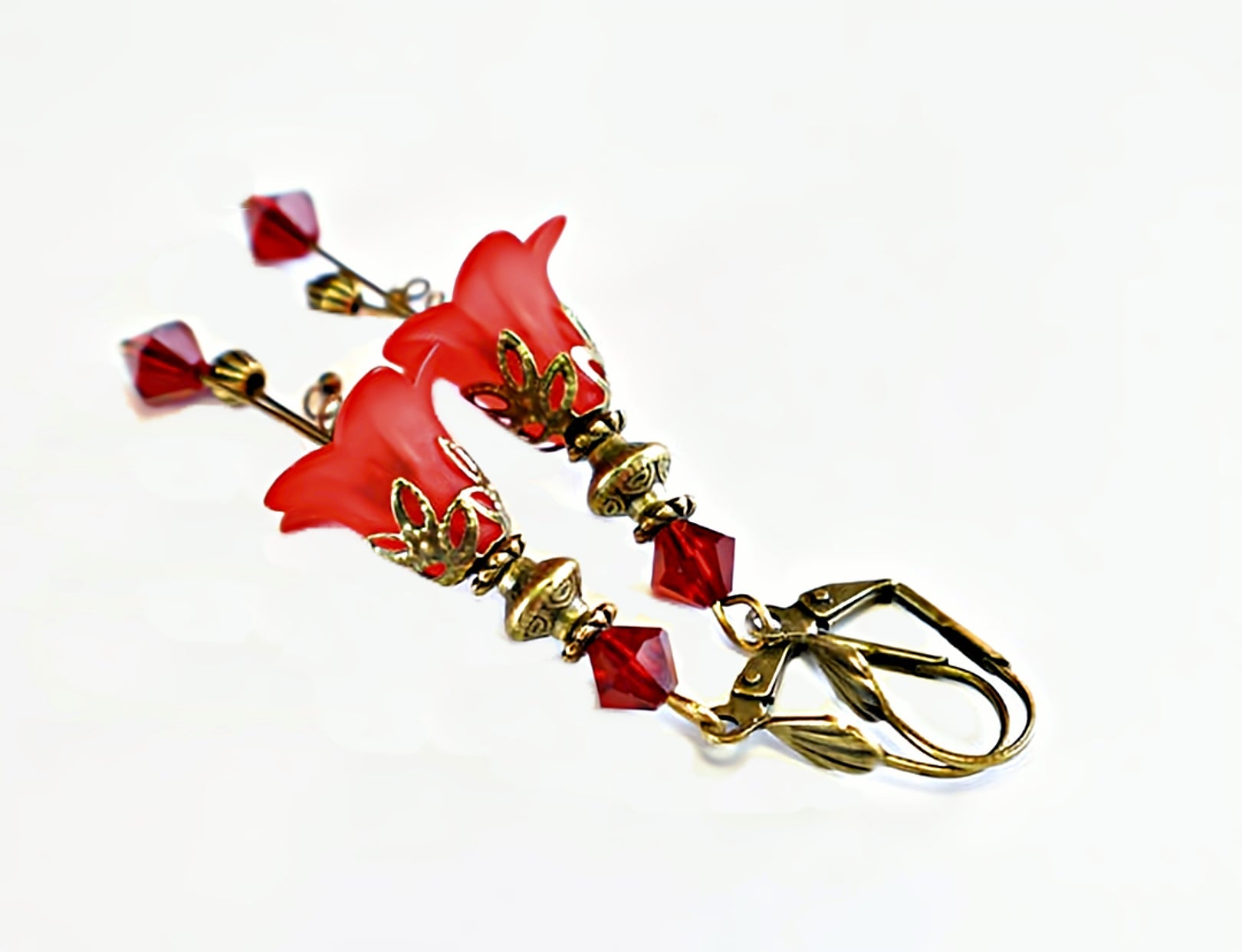 Vintage Victorian Style Siam Red and Antique Bronze Bell Flower Lucite Earrings - Chic Brico