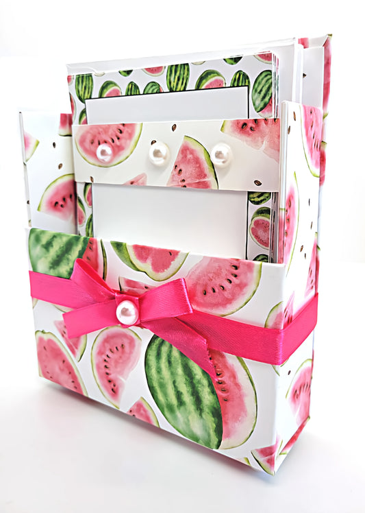 42-Pc Stationery Gift Box Set w/Reusable Desktop Organizer Box and Gold Pen - Fresh Red Watermelon - Chic Brico
