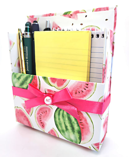 42-Pc Stationery Gift Box Set w/Reusable Desktop Organizer Box and Gold Pen - Fresh Red Watermelon - Chic Brico