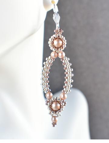 Powder Almond and Silver Oval Hoop Earrings made with Swarovski Pearls - Chic Brico