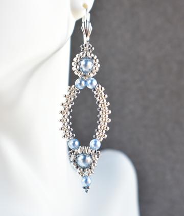 Light Blue Pearl and Silver Oval Hoop Earrings made with Swarovski Pearls - Chic Brico
