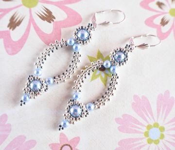 Light Blue Pearl and Silver Oval Hoop Earrings made with Swarovski Pearls - Chic Brico