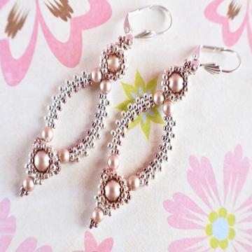 Powder Almond and Silver Oval Hoop Earrings made with Swarovski Pearls - Chic Brico