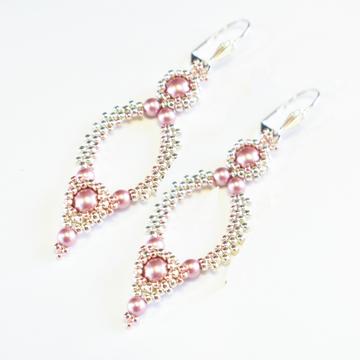 Powder Pink and Silver Oval Hoop Earrings made with Swarovski Pearls - Chic Brico