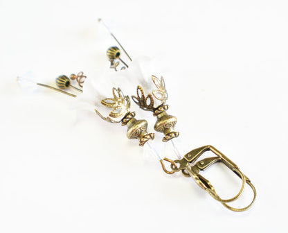 Vintage Victorian Style White and Antique Bronze Bell Flower Lucite Earrings - Chic Brico