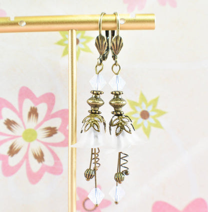 Vintage Victorian Style White and Antique Bronze Bell Flower Lucite Earrings - Chic Brico