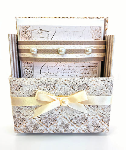 42-Pc Stationery Gift Box Set w/Reusable Desktop Organizer Box and Gold Pen - Vintage Letters & Ivory Lace) - Chic Brico