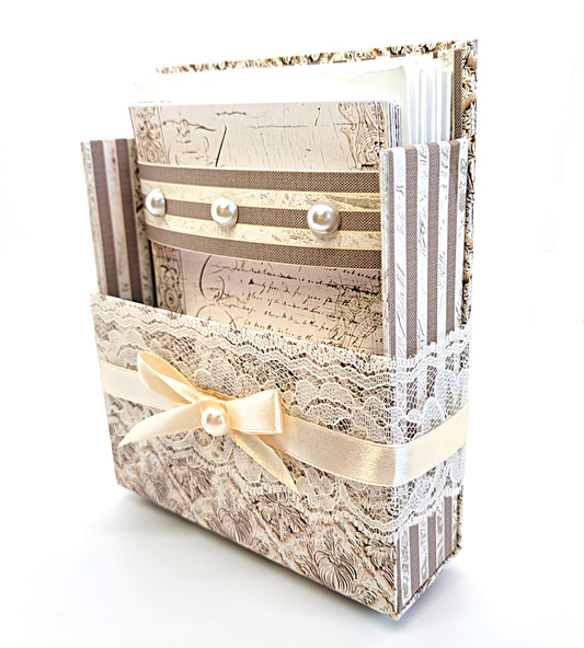 42-Pc Stationery Gift Box Set w/Reusable Desktop Organizer Box and Gold Pen - Vintage Letters & Ivory Lace) - Chic Brico