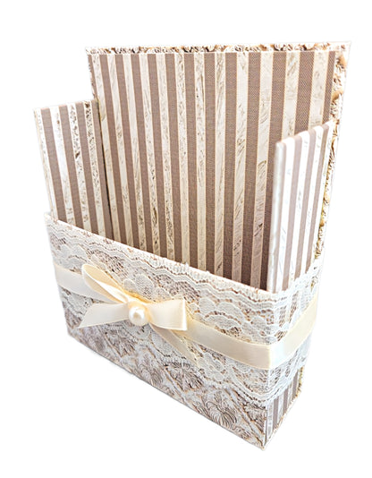 42-Pc Stationery Gift Box Set w/Reusable Desktop Organizer Box and Gold Pen - Vintage Letters & Ivory Lace) - Chic Brico