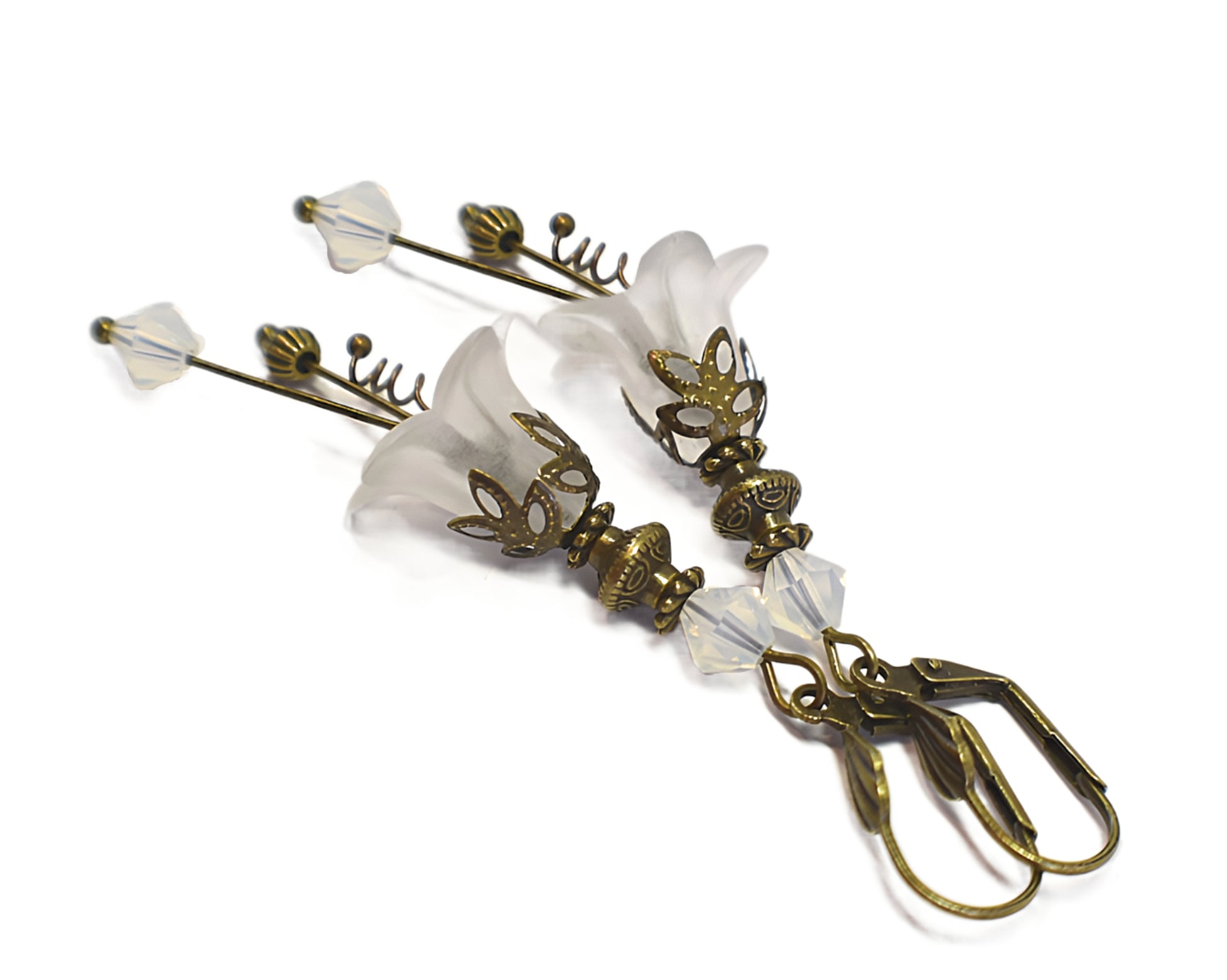 Vintage Victorian Style White and Antique Bronze Bell Flower Lucite Earrings - Chic Brico